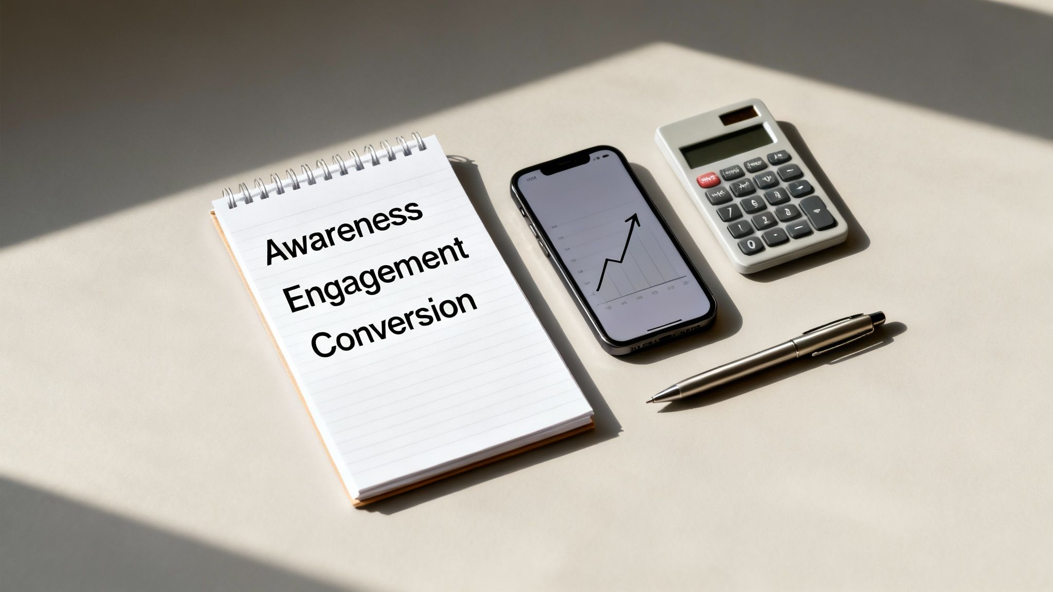 Notebook listing 'Awareness, Engagement, Conversion', a smartphone with an upward trend graph, calculator, and pen on a desk.