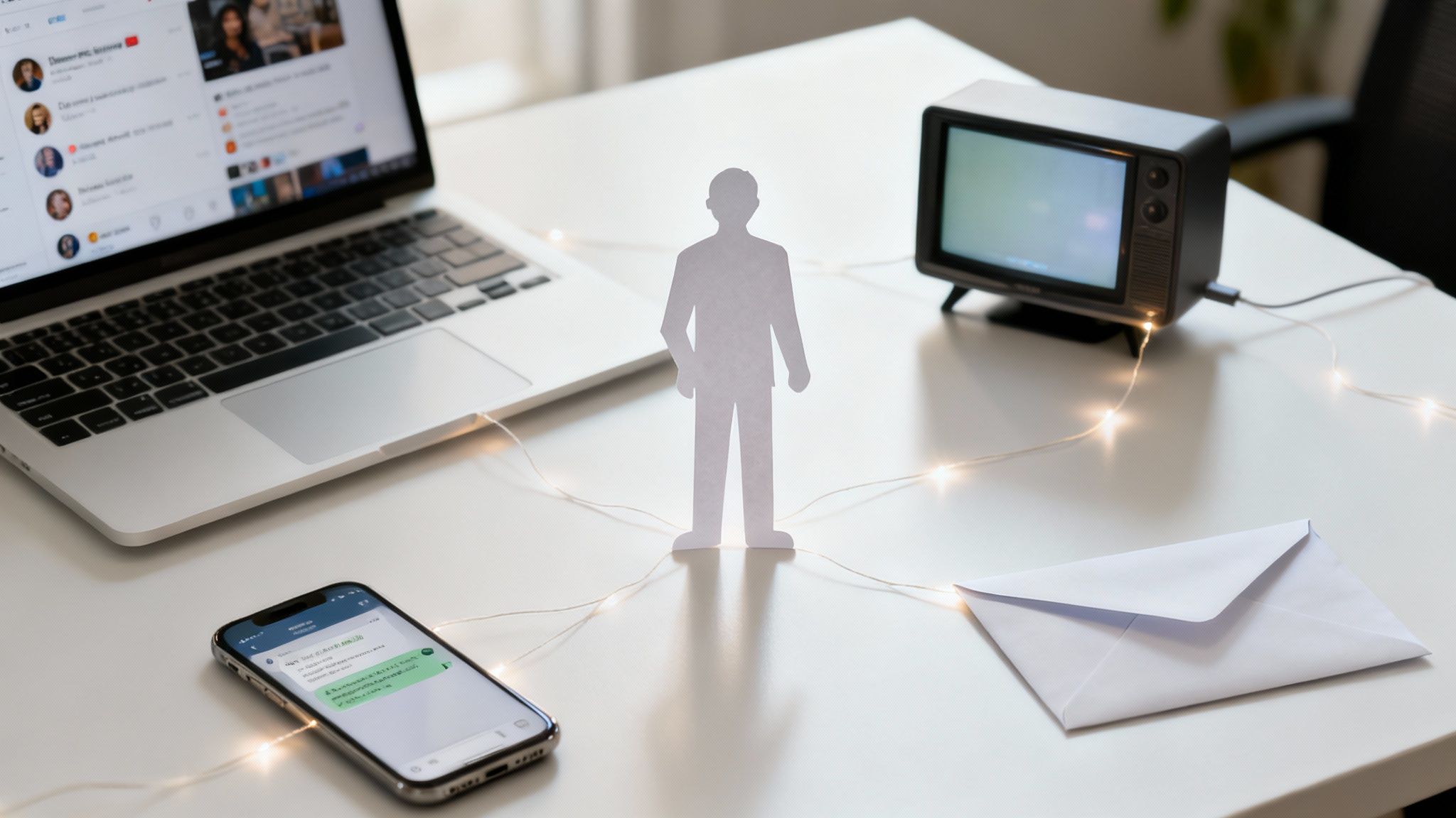 A paper person connects a laptop, smartphone, retro TV, and envelope with fairy lights on a desk.