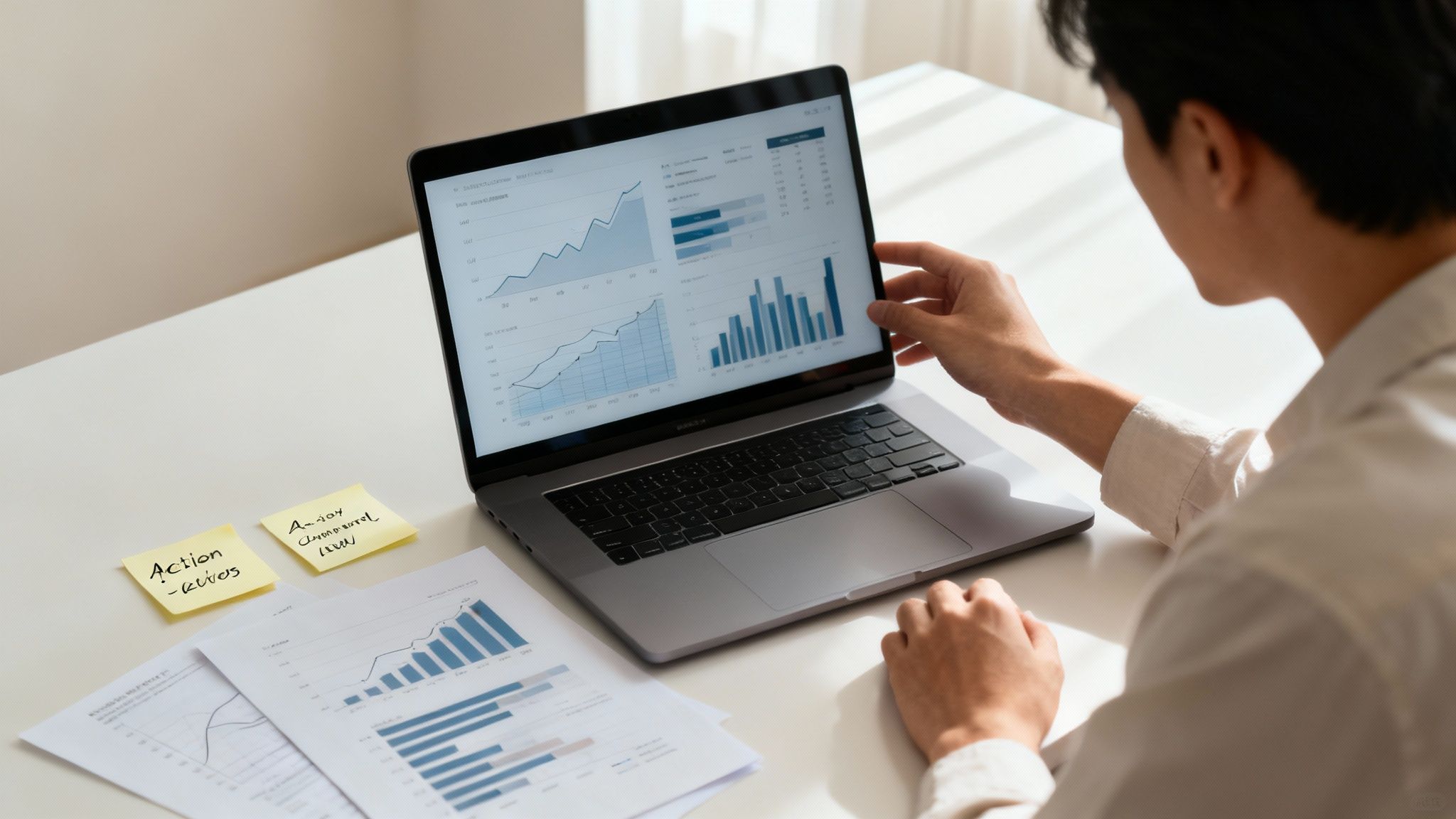 A group of people analysing charts and data on a large screen
