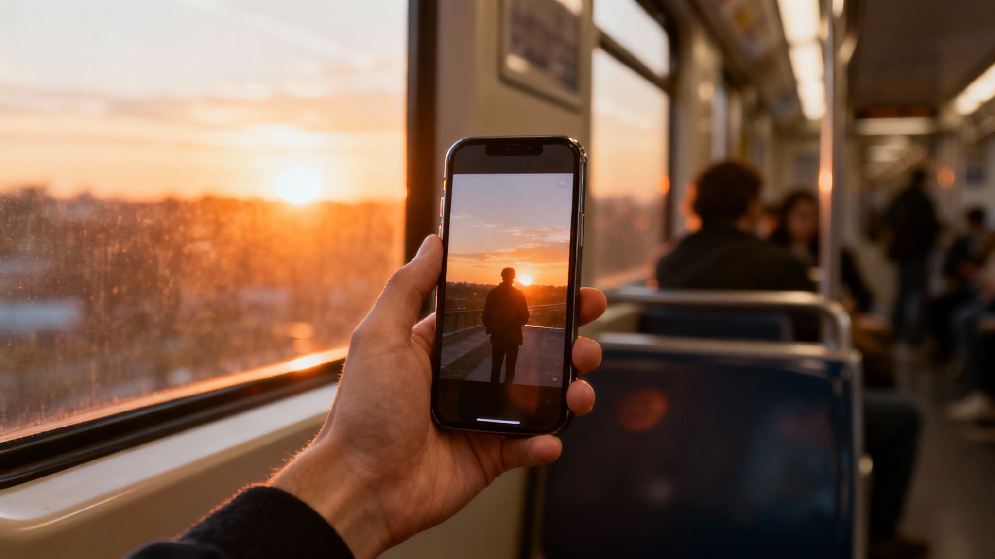 A person commuting on a train while looking at their phone