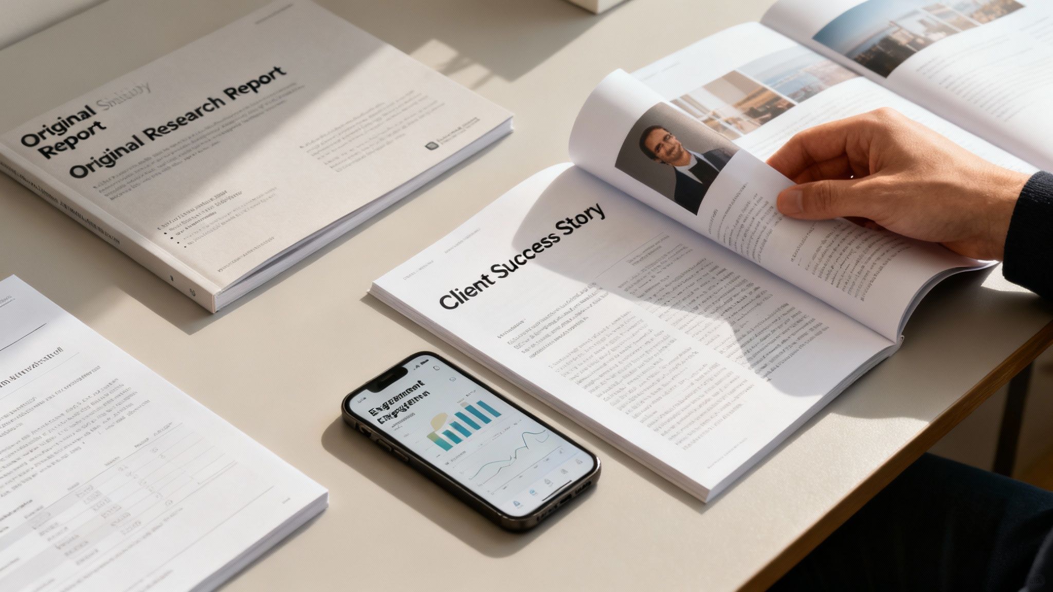 A hand pages through a 'Client Success Story' document on a desk with reports and a smartphone showing charts.