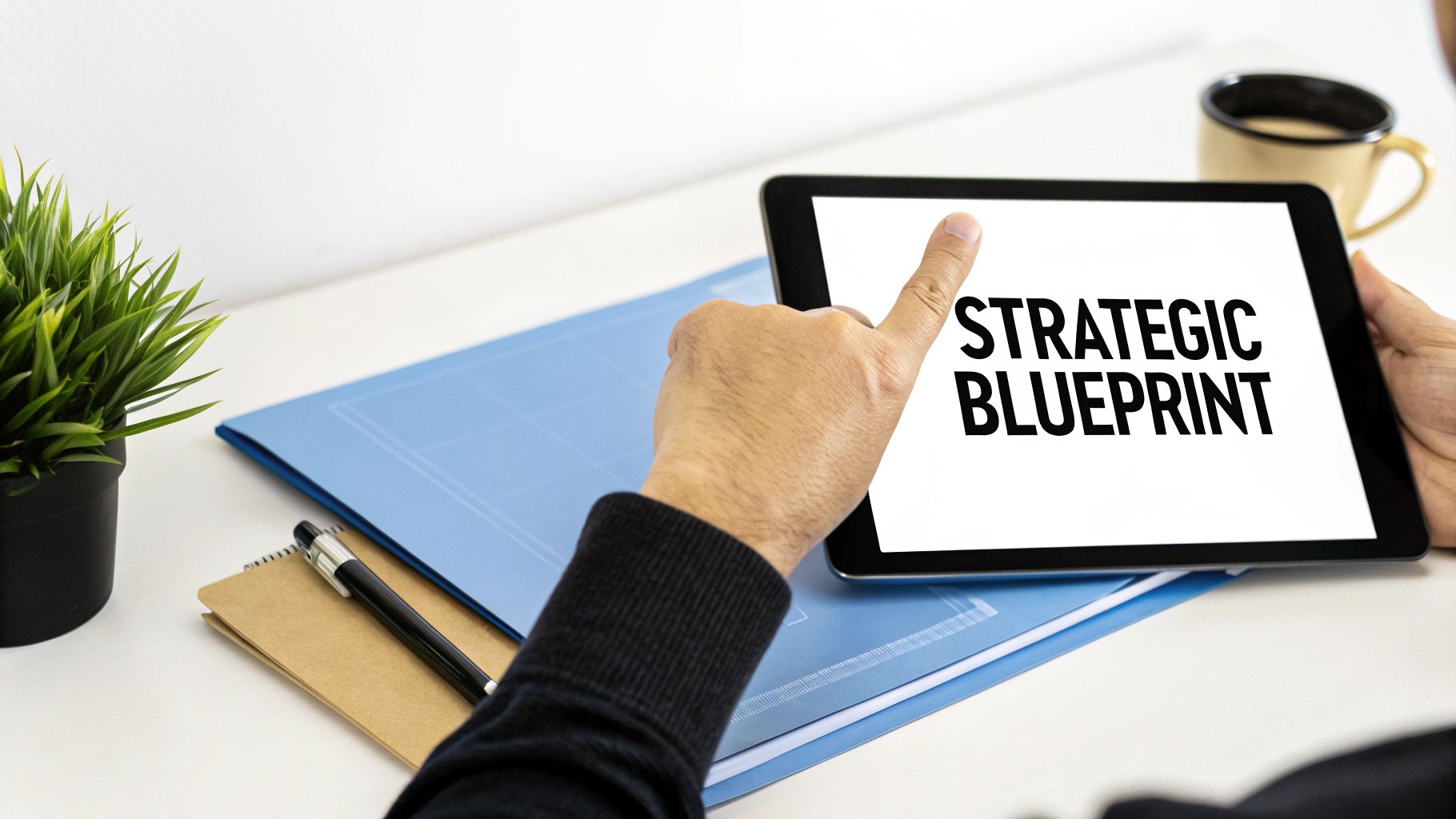 A team collaborating on a content marketing strategy on a whiteboard.