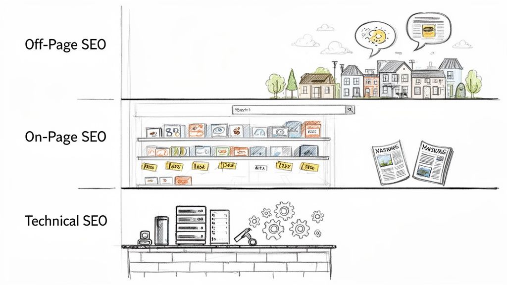 Visual metaphor illustrating SEO layers: Off-Page (community), On-Page (storefront content), and Technical (server infrastructure).