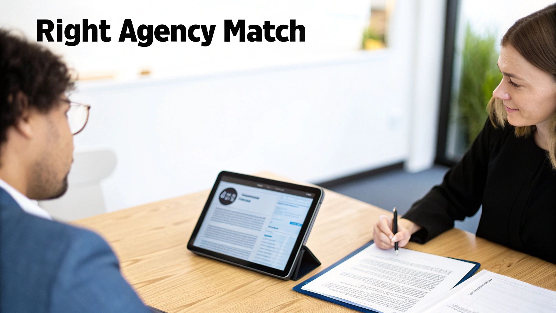 Two people shaking hands across a desk, symbolising a new business partnership.