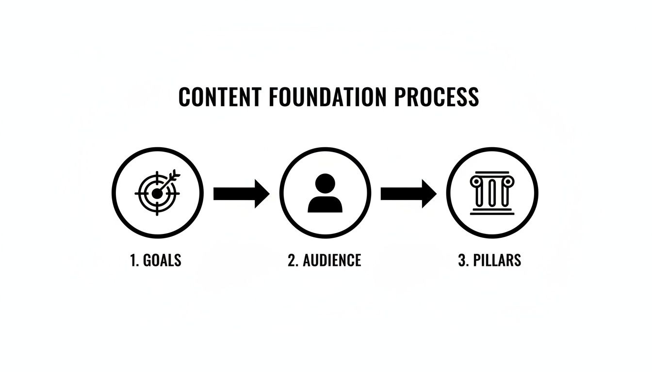A content foundation process diagram illustrating steps: 1. Goals, 2. Audience, and 3. Pillars.