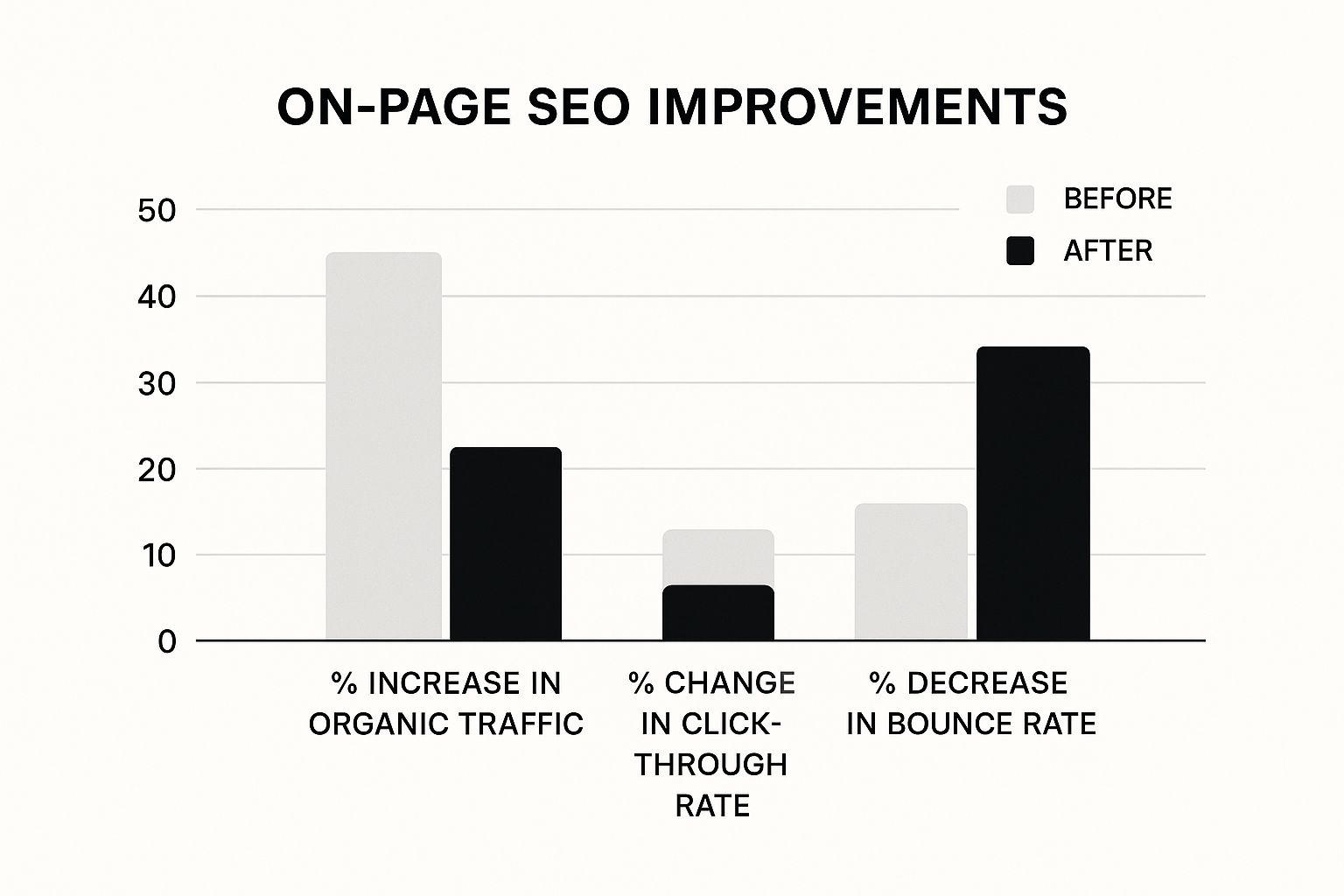 Infographic showing a bar chart comparing metrics before and after on-page SEO, including increased organic traffic, higher click-through rate, and lower bounce rate.