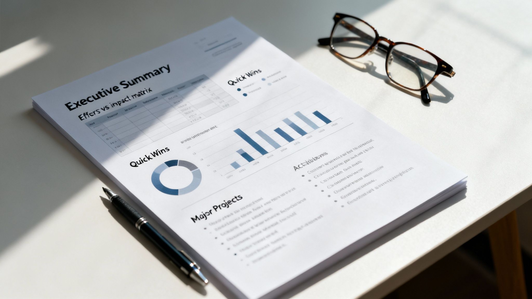 A detailed business Executive Summary report showing charts, data, a pen, and eyeglasses on a table.