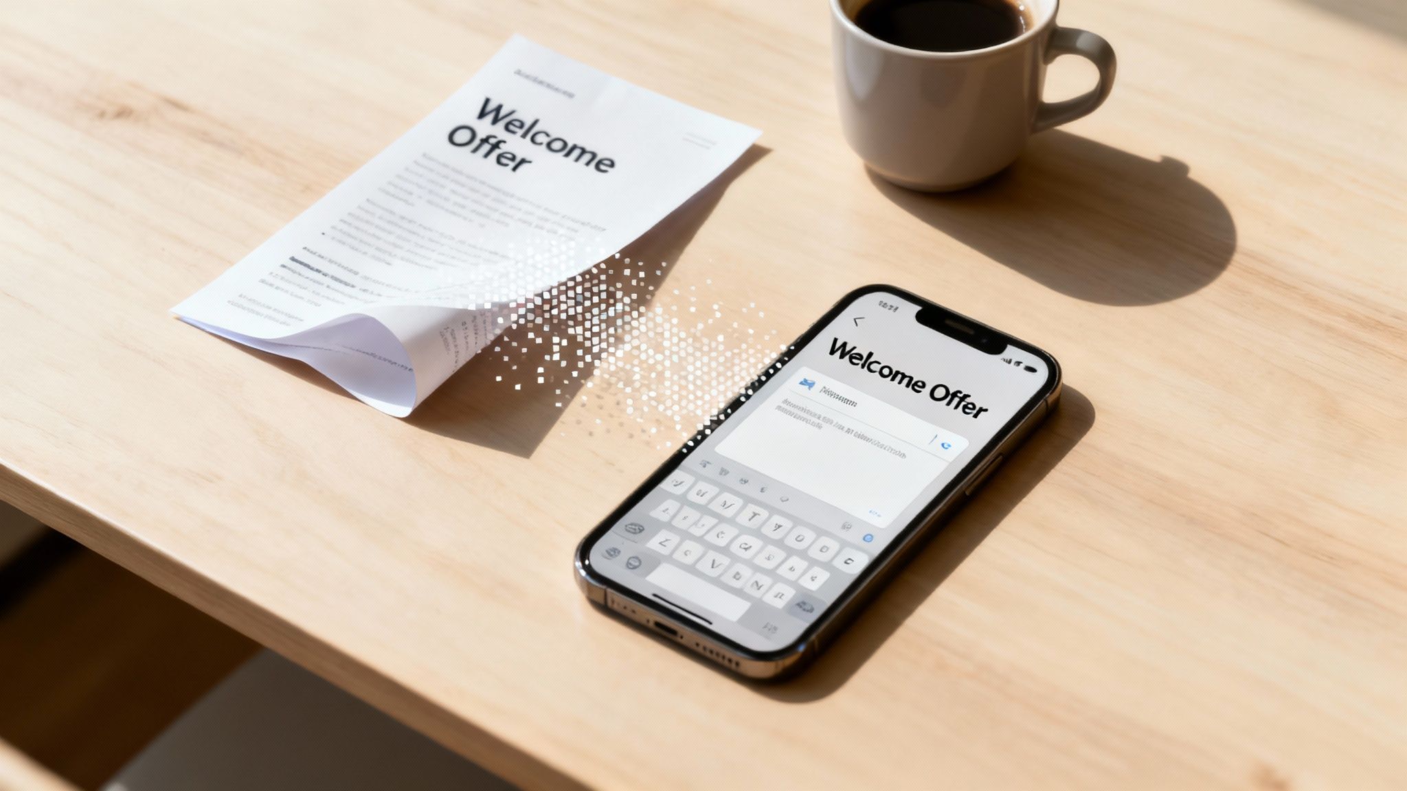 A person working on a laptop with email icons floating around, illustrating an EDM campaign.