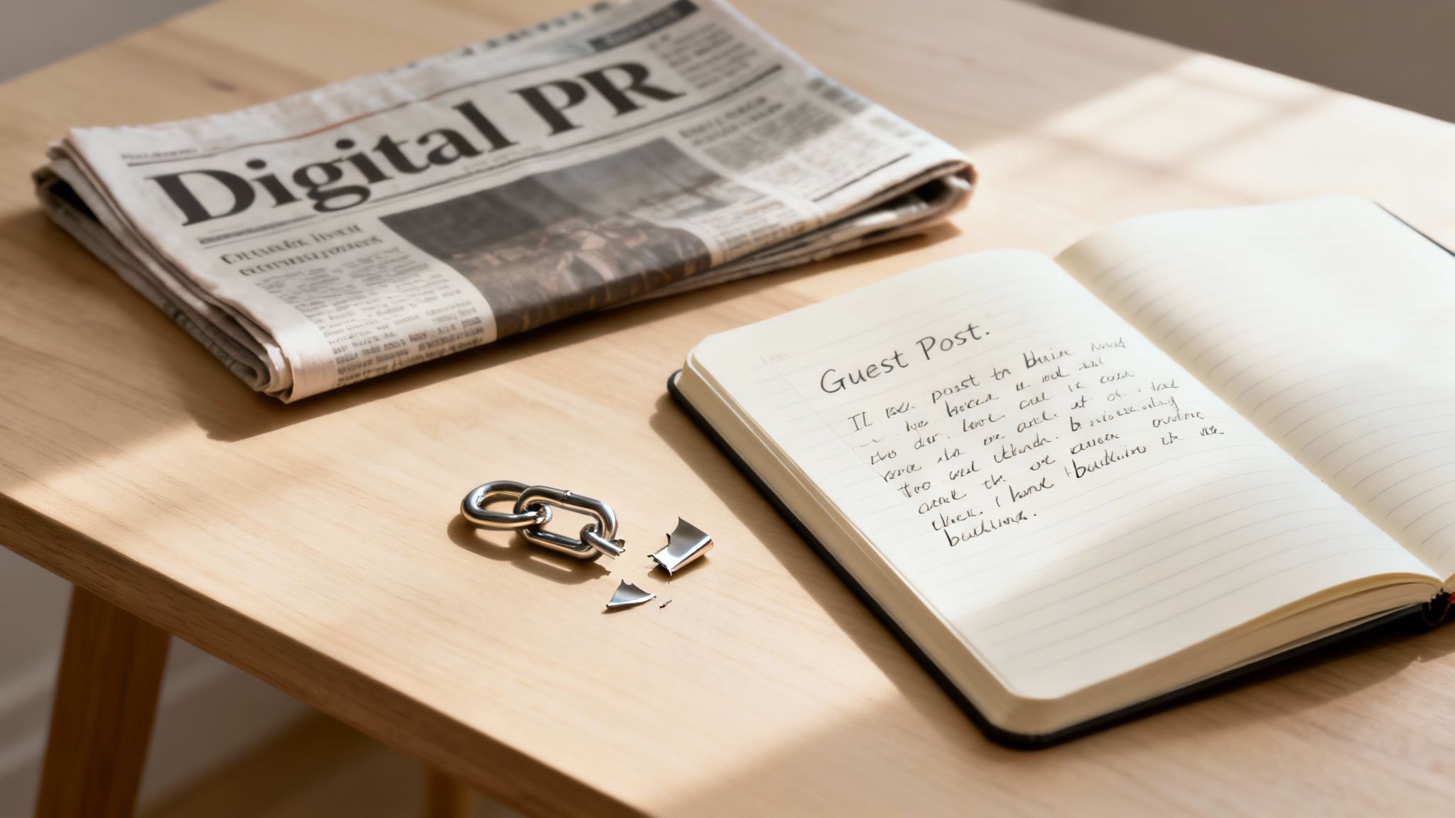 A newspaper titled 'Digital PR', an open notebook with 'Guest Post', and a broken chain link on a wooden desk.