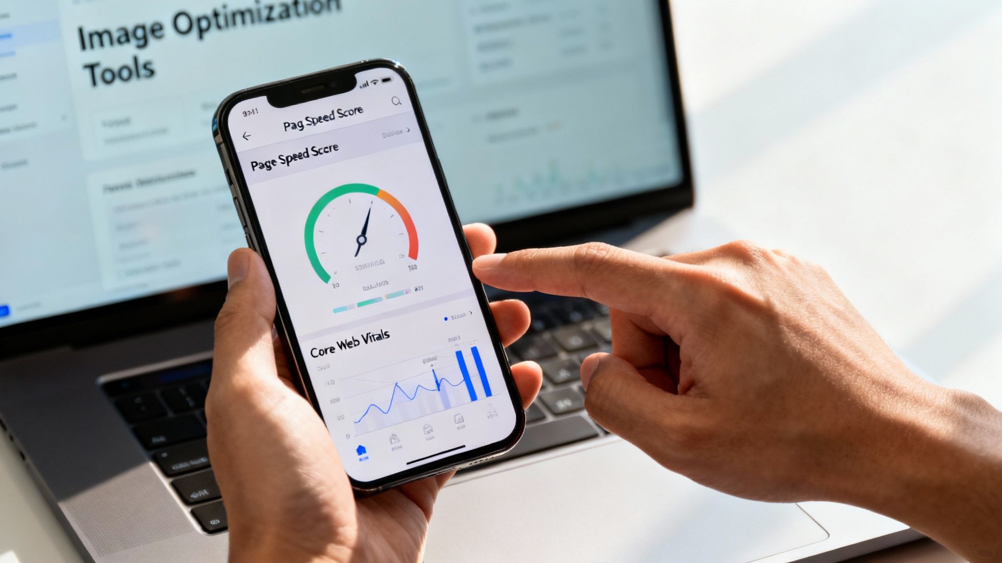 Person checking mobile page speed score and core web vitals analytics on smartphone display