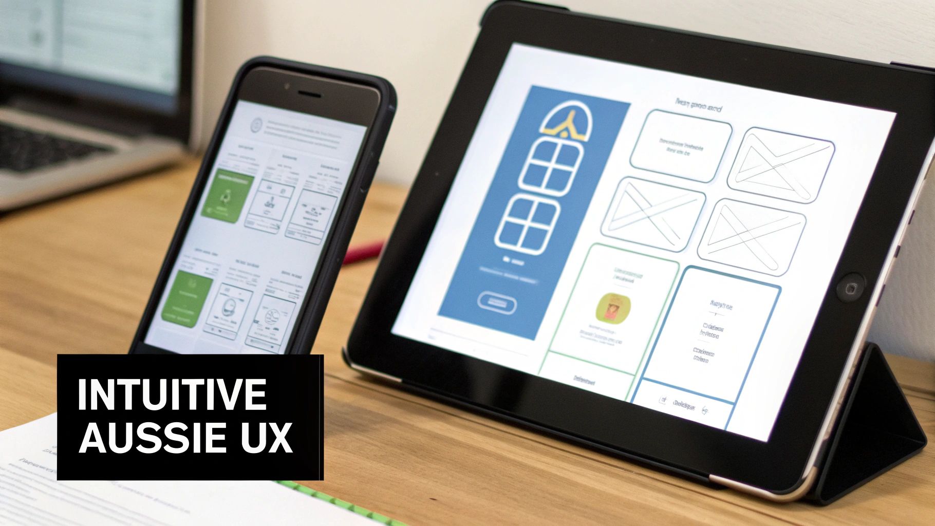 A team of designers collaborating on a website's user interface for an Australian audience.