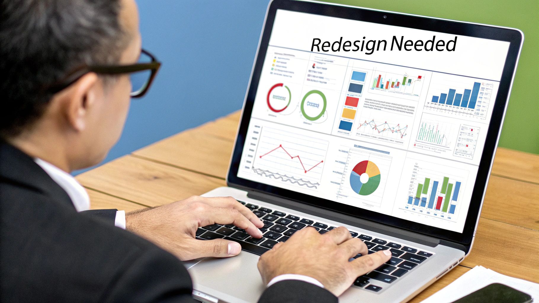 A professional web designer presenting a website redesign plan to a business owner in an Australian office.