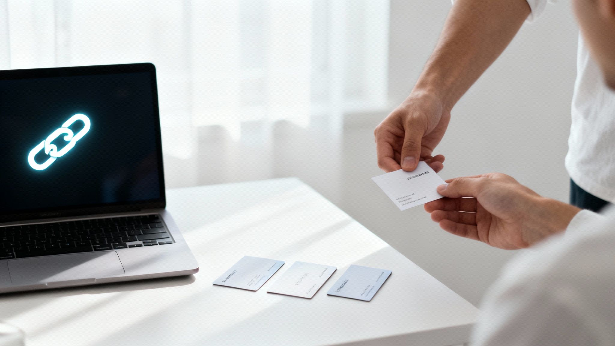 Hands exchanging a business card over a table with more cards and a laptop showing a glowing link icon.