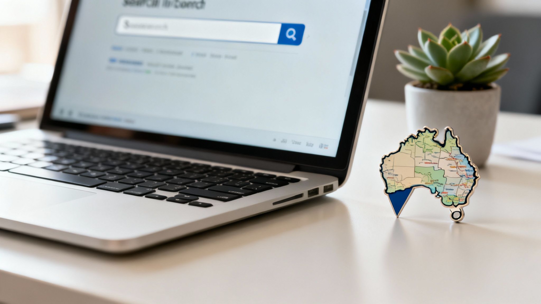A laptop displays a search engine on screen, next to an Australia map pin and a succulent plant.