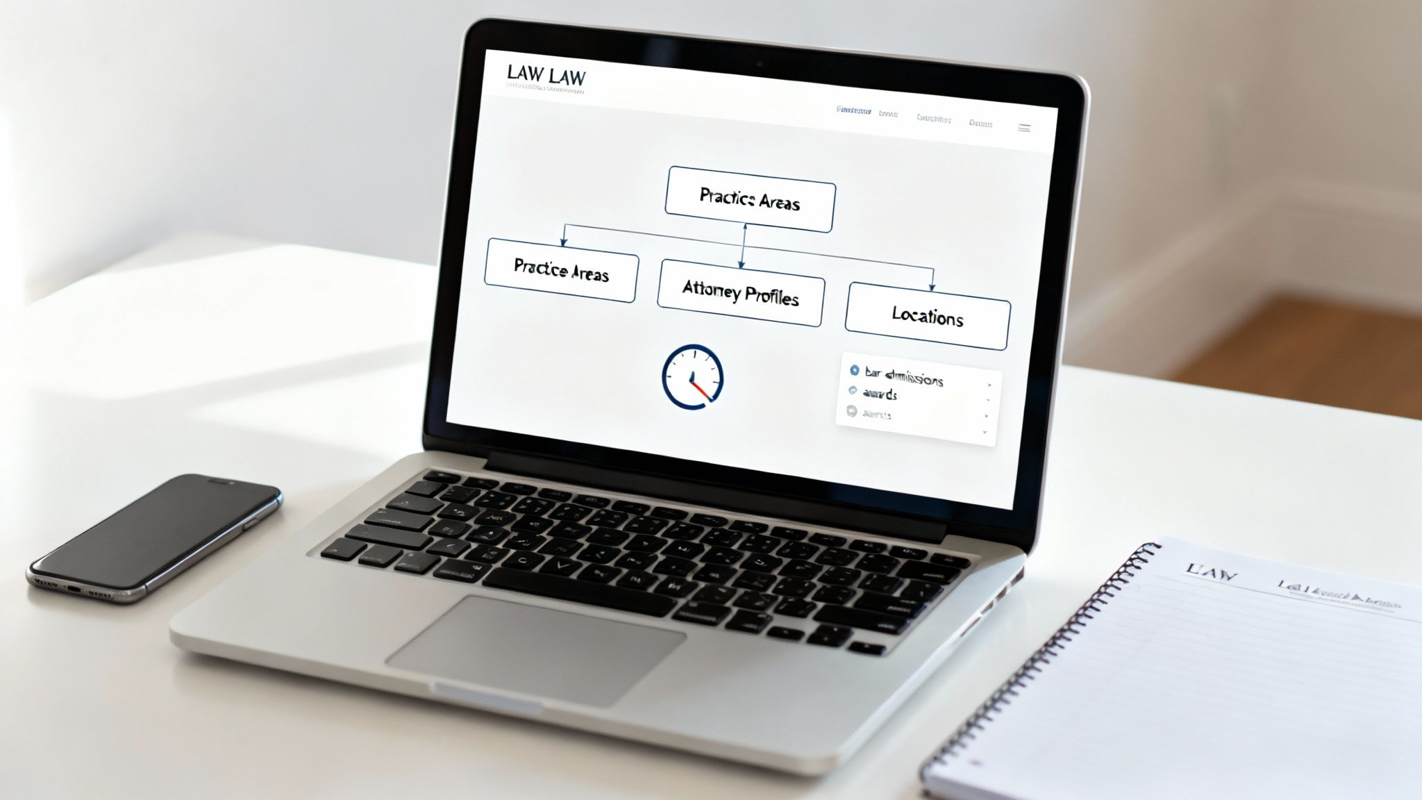 Laptop displaying a law firm website's practice areas, attorney profiles, and locations on a white desk.