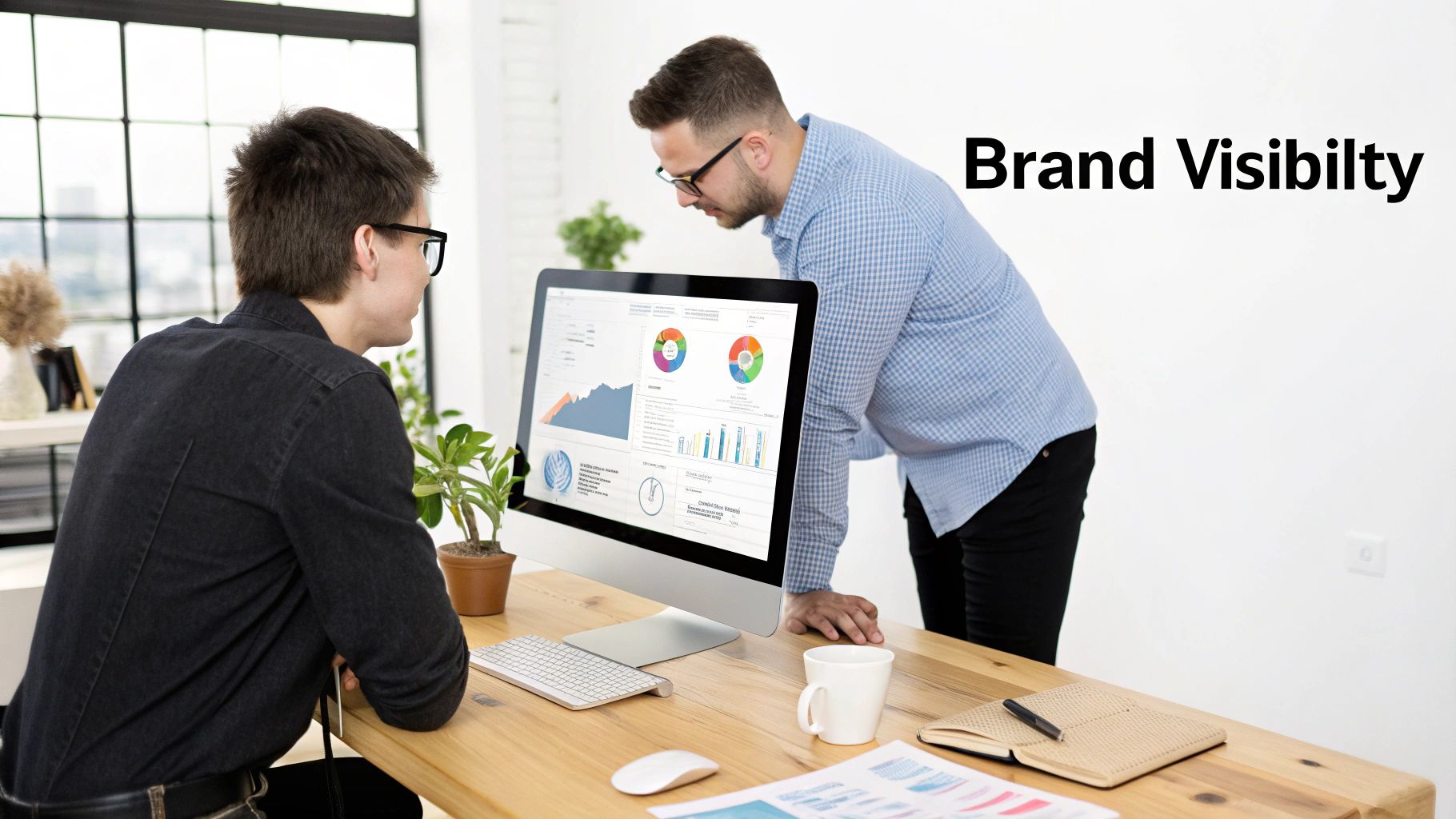 A team collaborating on a display advertising campaign on a large screen