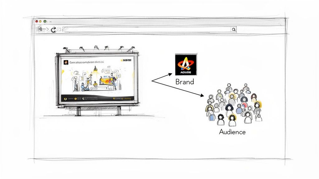 A sketch illustrating a browser window displaying an advertisement billboard, connecting a brand to its audience.