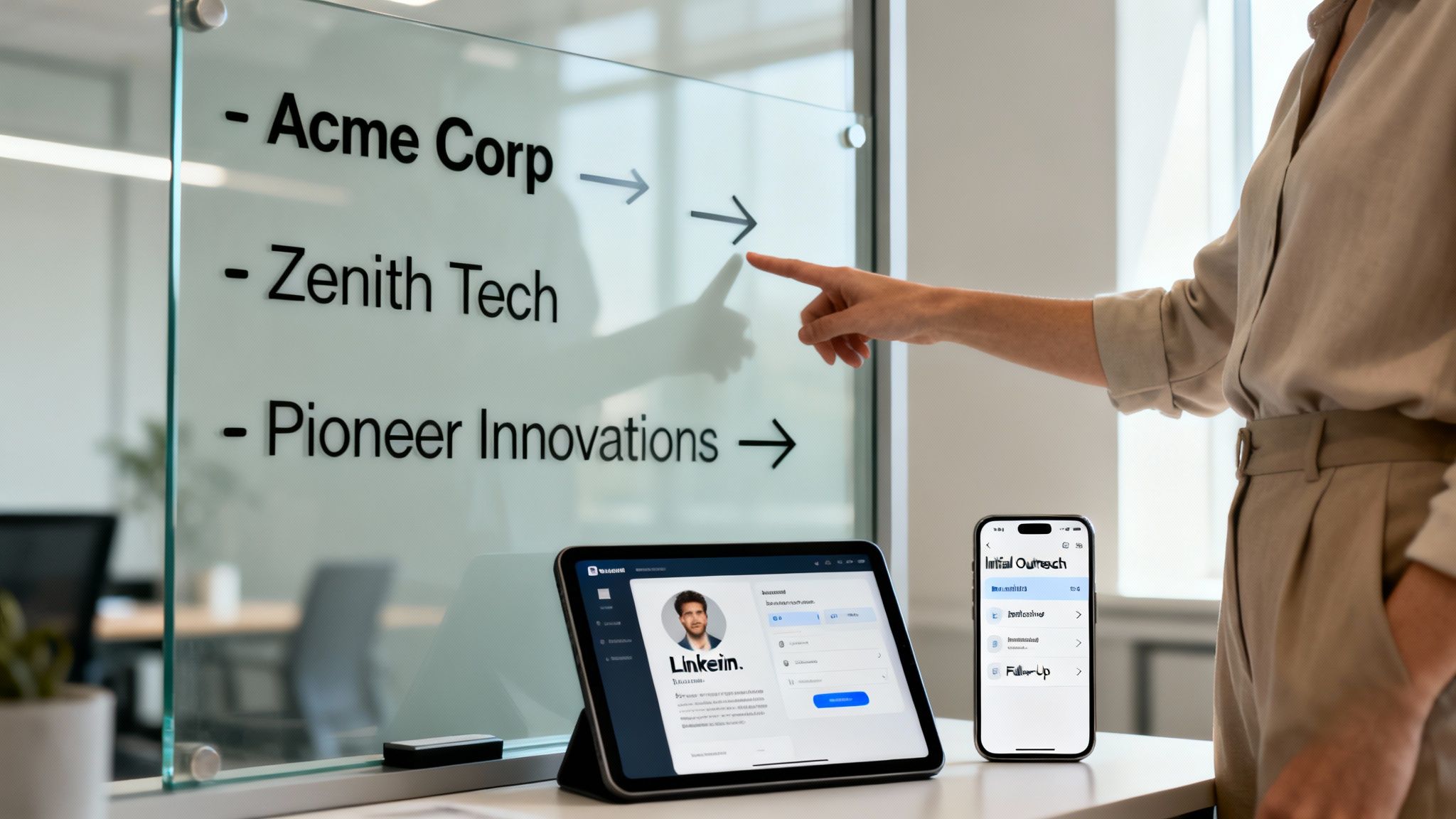 A person points at a glass board listing companies, with digital tools for lead generation.