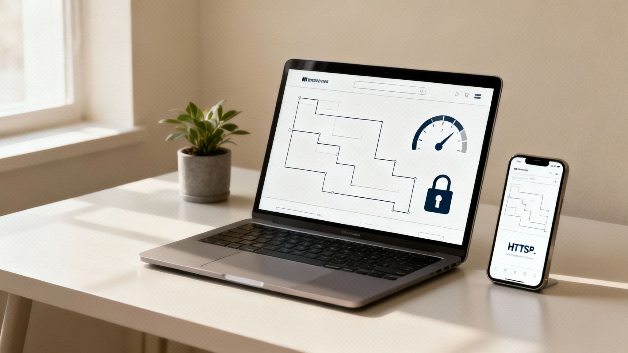 A laptop and smartphone display data graphs, a speedometer, and a padlock, symbolizing digital security.