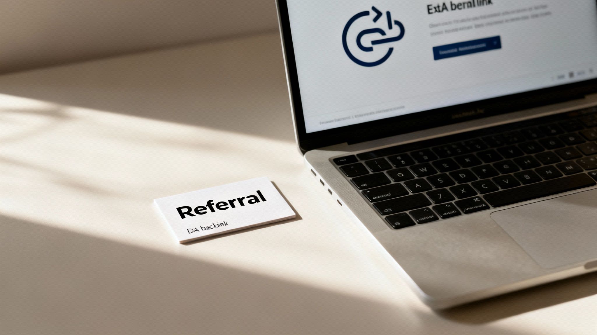 A laptop and a business card reading 'Referral' and 'DA backlink' on a desk with sunlight.