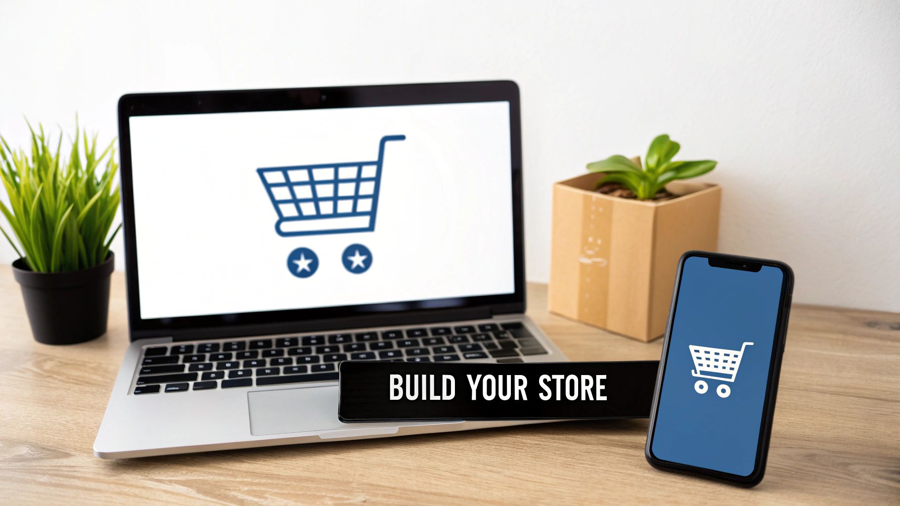 A person working on a laptop with e-commerce platform logos like Shopify and WooCommerce displayed.