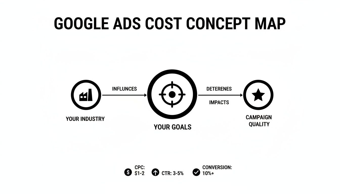 Concept map detailing Google Ads cost factors like industry, goals, campaign quality, and performance metrics.