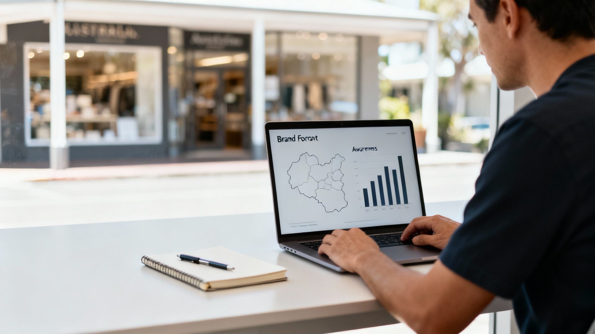 A man works on a laptop displaying brand awareness charts and maps in a modern setting.