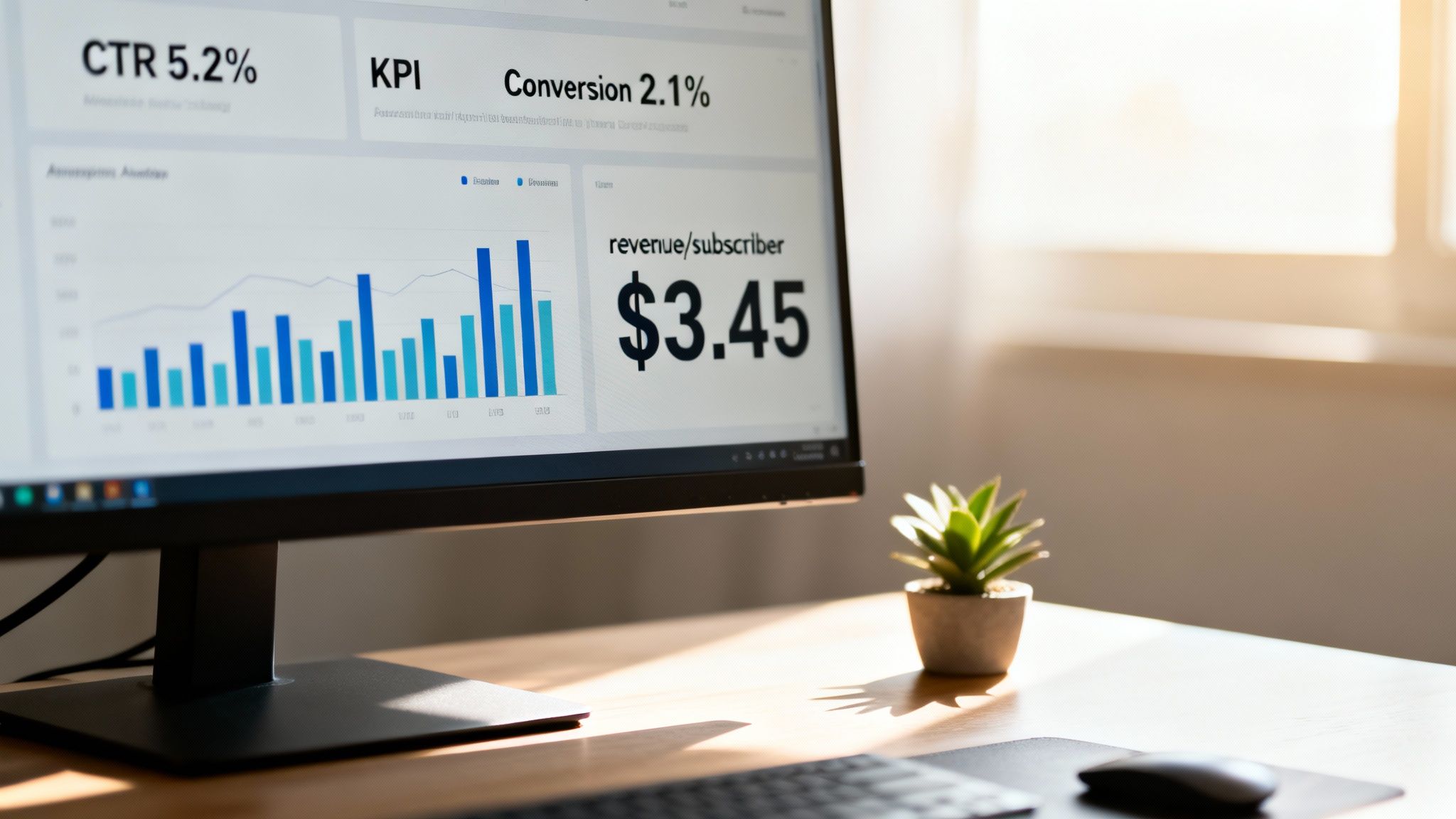 Computer monitor displaying a marketing analytics dashboard with CTR, conversion, and revenue metrics.
