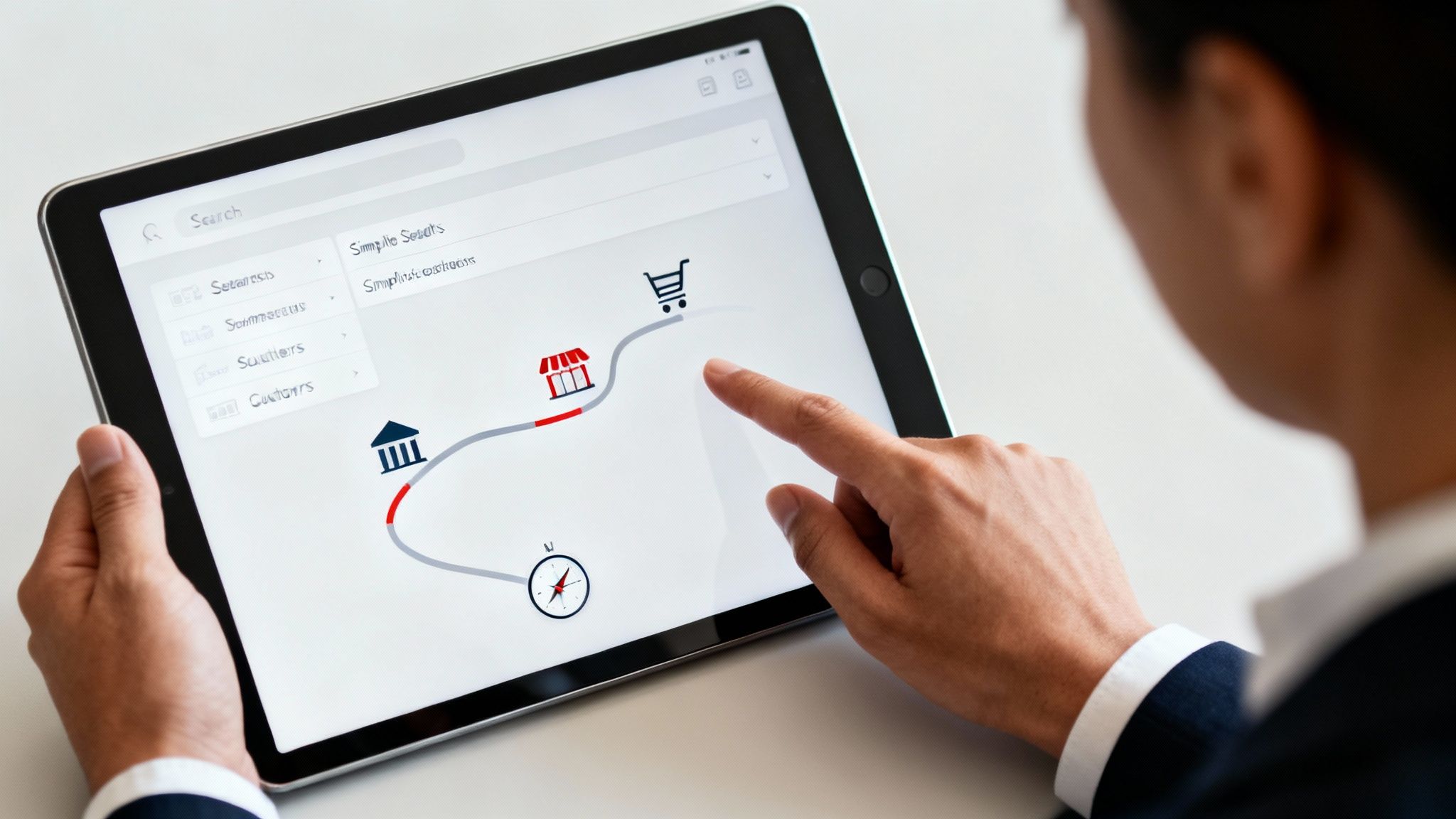 Person's hands interacting with a tablet showing a digital workflow, search bar, and business process icons.
