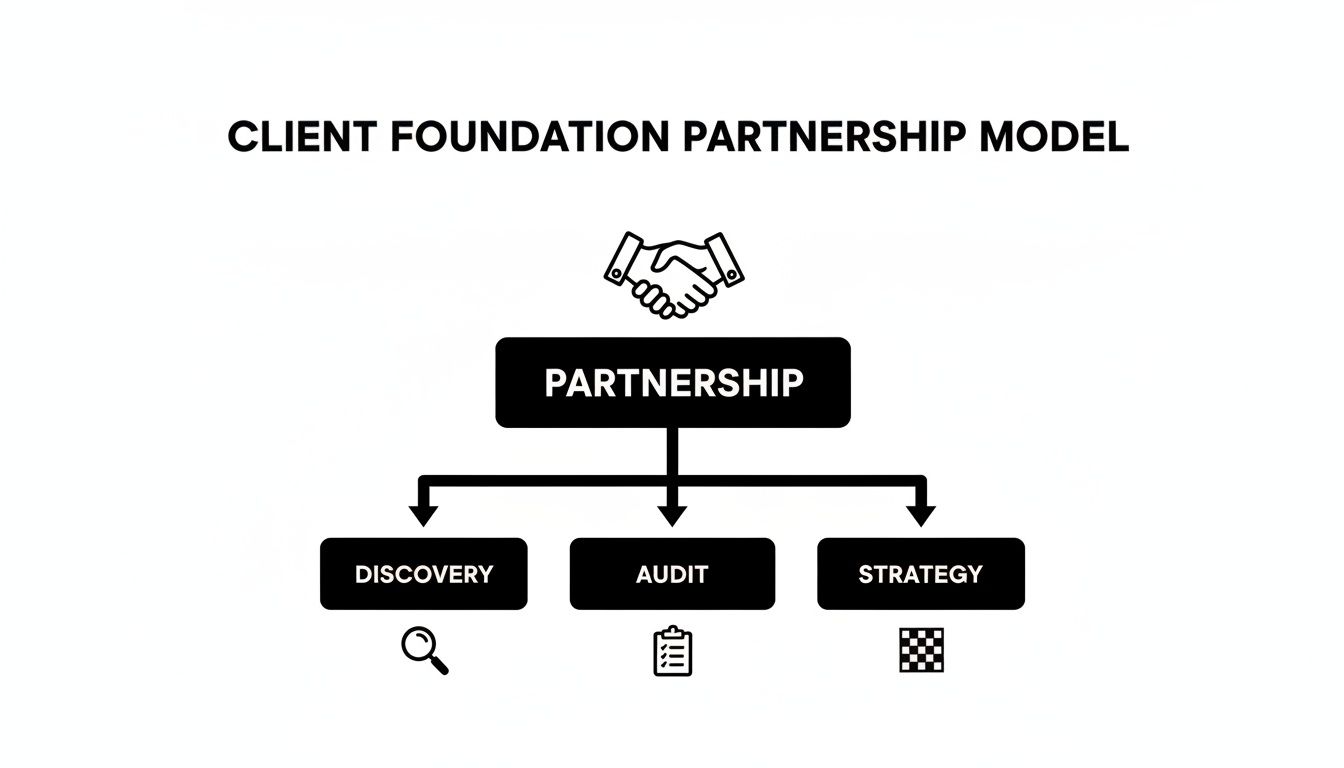 A black and white diagram illustrating the Client Foundation Partnership Model, showing Partnership leading to Discovery, Audit, and Strategy.
