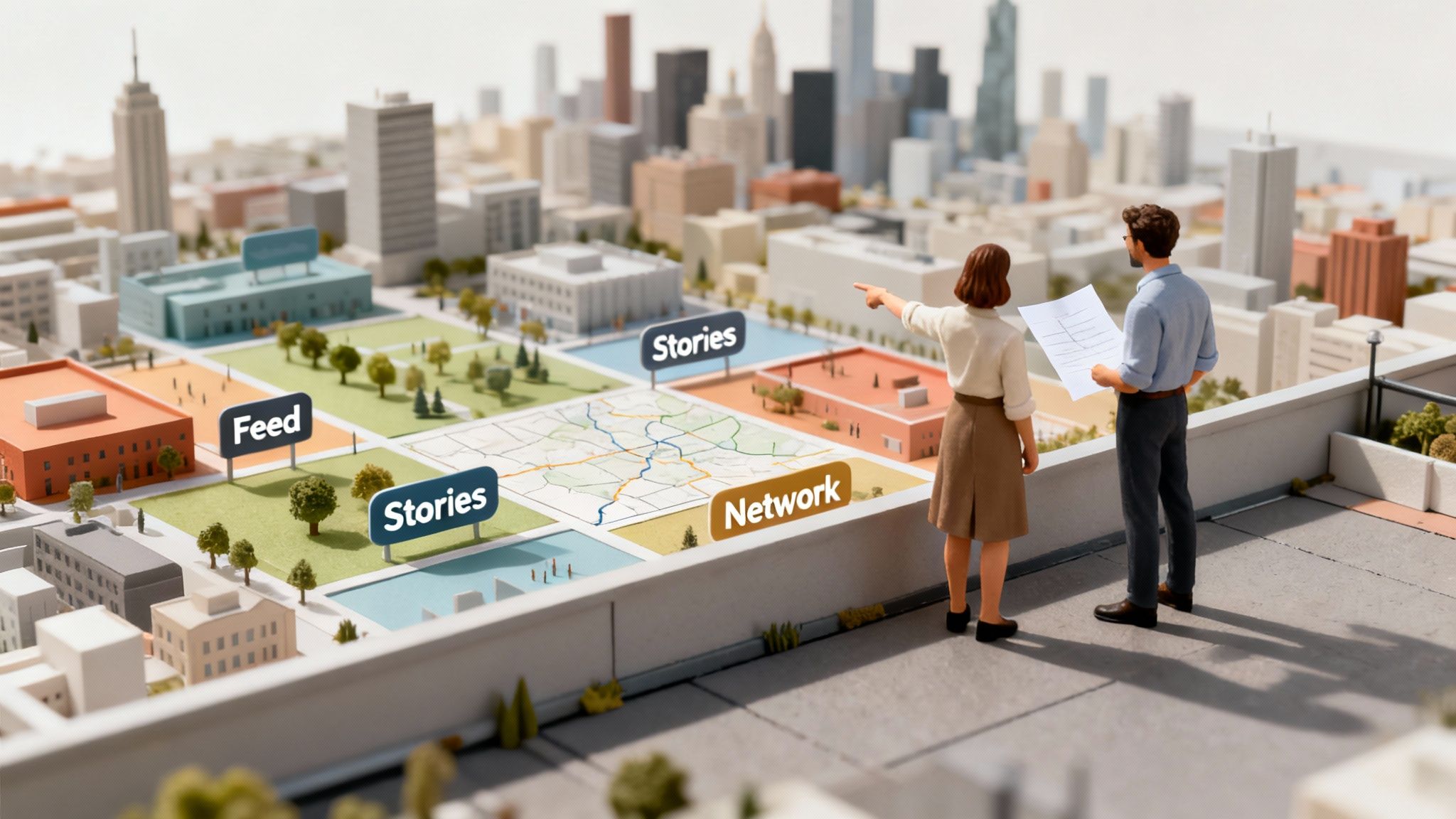 Two people planning digital strategy on a rooftop overlooking a city model with social media sections.