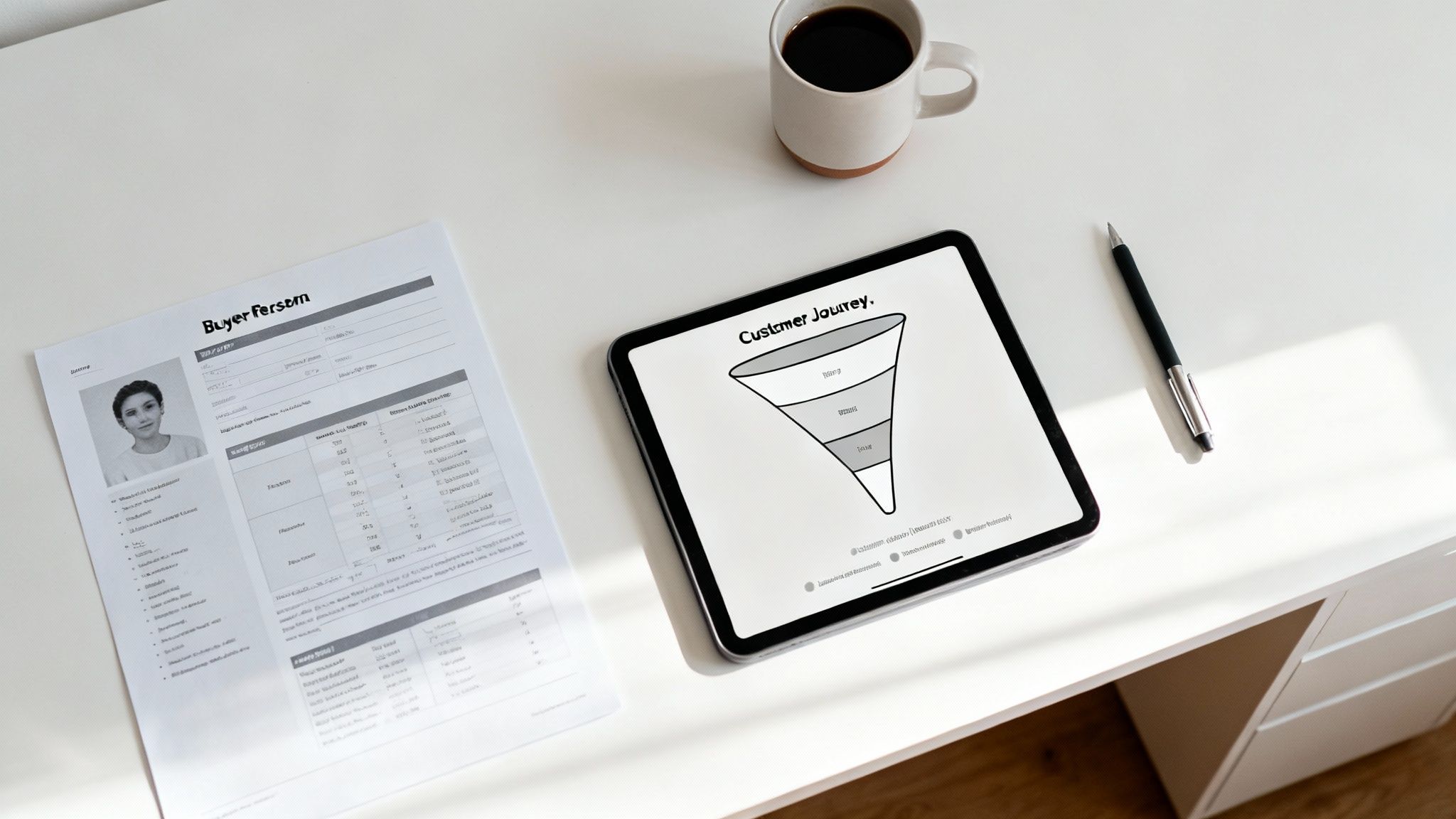 A white desk flat lay with a buyer persona document, a tablet showing a customer journey funnel, a coffee mug, and a pen.