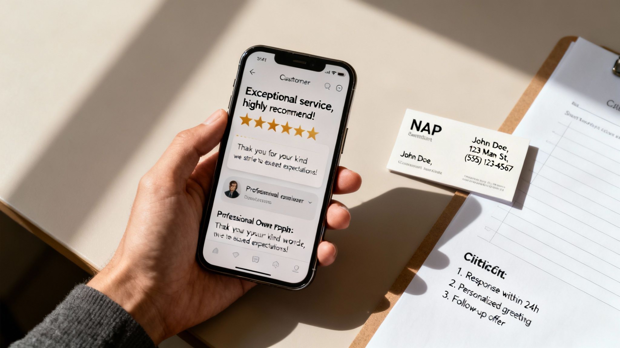 A hand holds a smartphone showing a 5-star customer review, next to a business card and service notes.