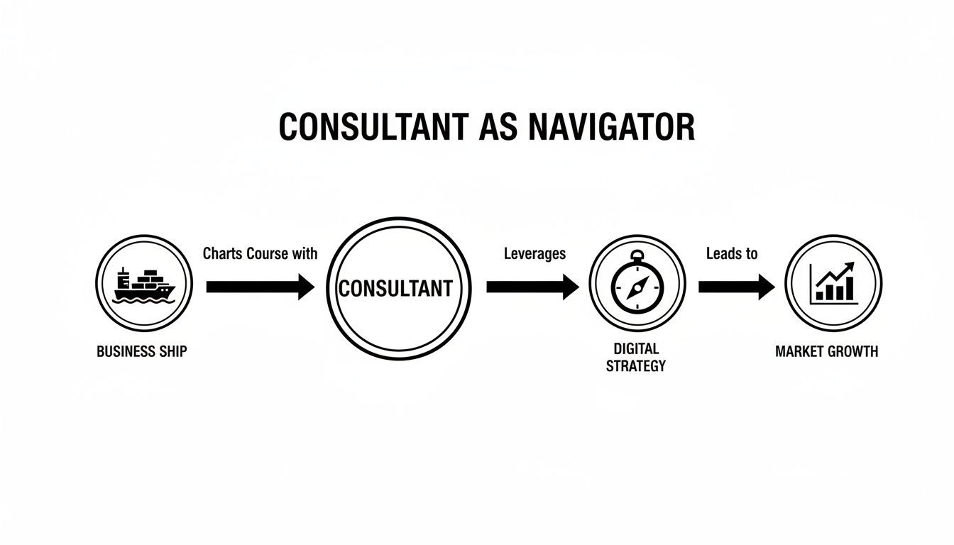 Flowchart depicting a consultant guiding a business ship through digital strategy to market growth.