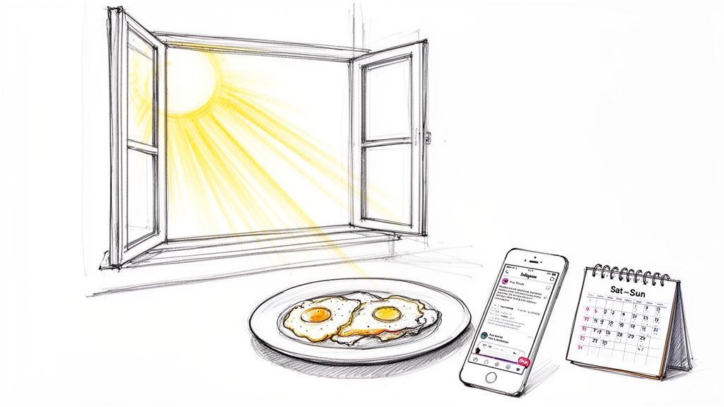 Sunny morning with breakfast eggs, a smartphone displaying social media, and a weekend calendar.