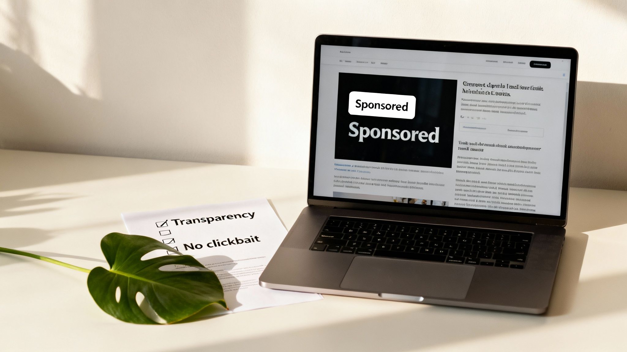 A laptop displays sponsored content on a webpage next to a 'Transparency' checklist and a plant.