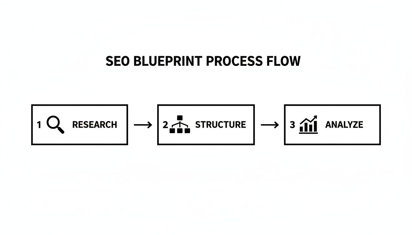 Flowchart outlining the SEO blueprint process with steps: Research, Structure, and Analyze.