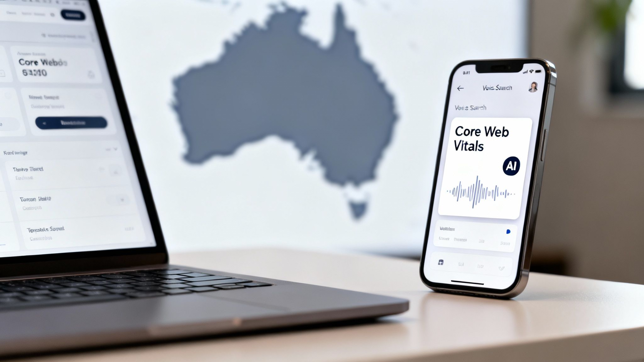 A laptop and smartphone display Core Web Vitals and AI voice search on a desk.