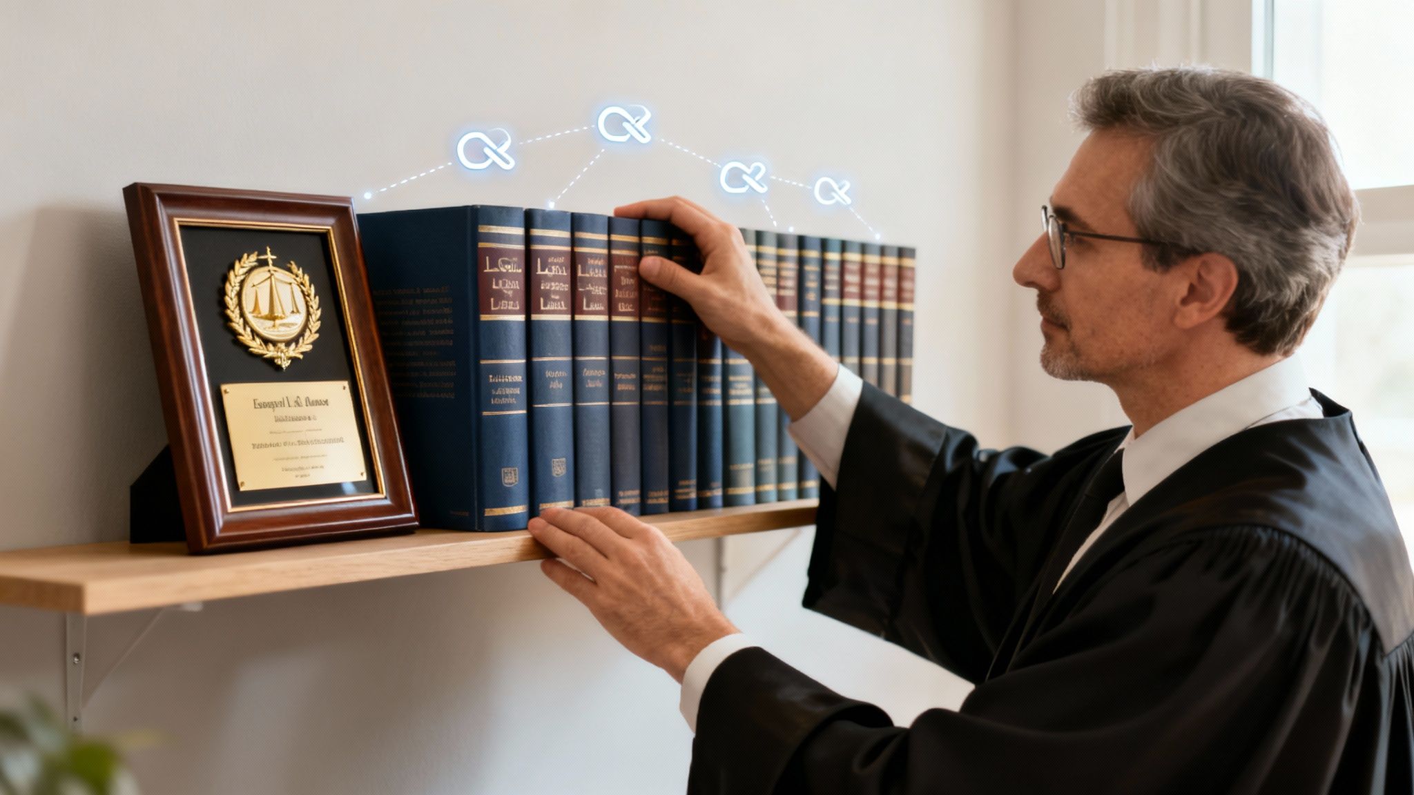 A lawyer in a robe selects a law book from a shelf, with digital legal symbols overhead.