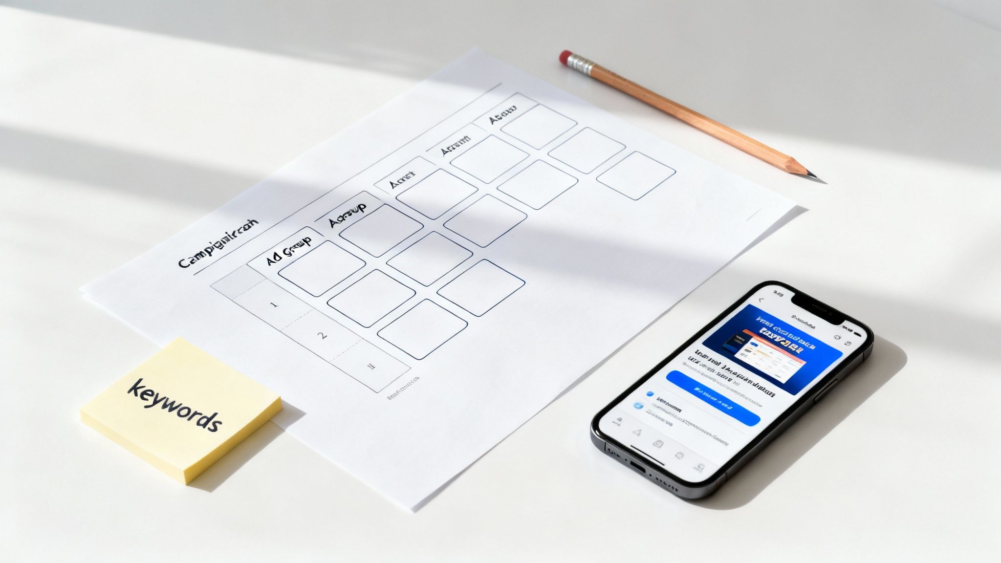 Digital marketing campaign planning worksheet with mobile phone showing ad management interface and keywords note