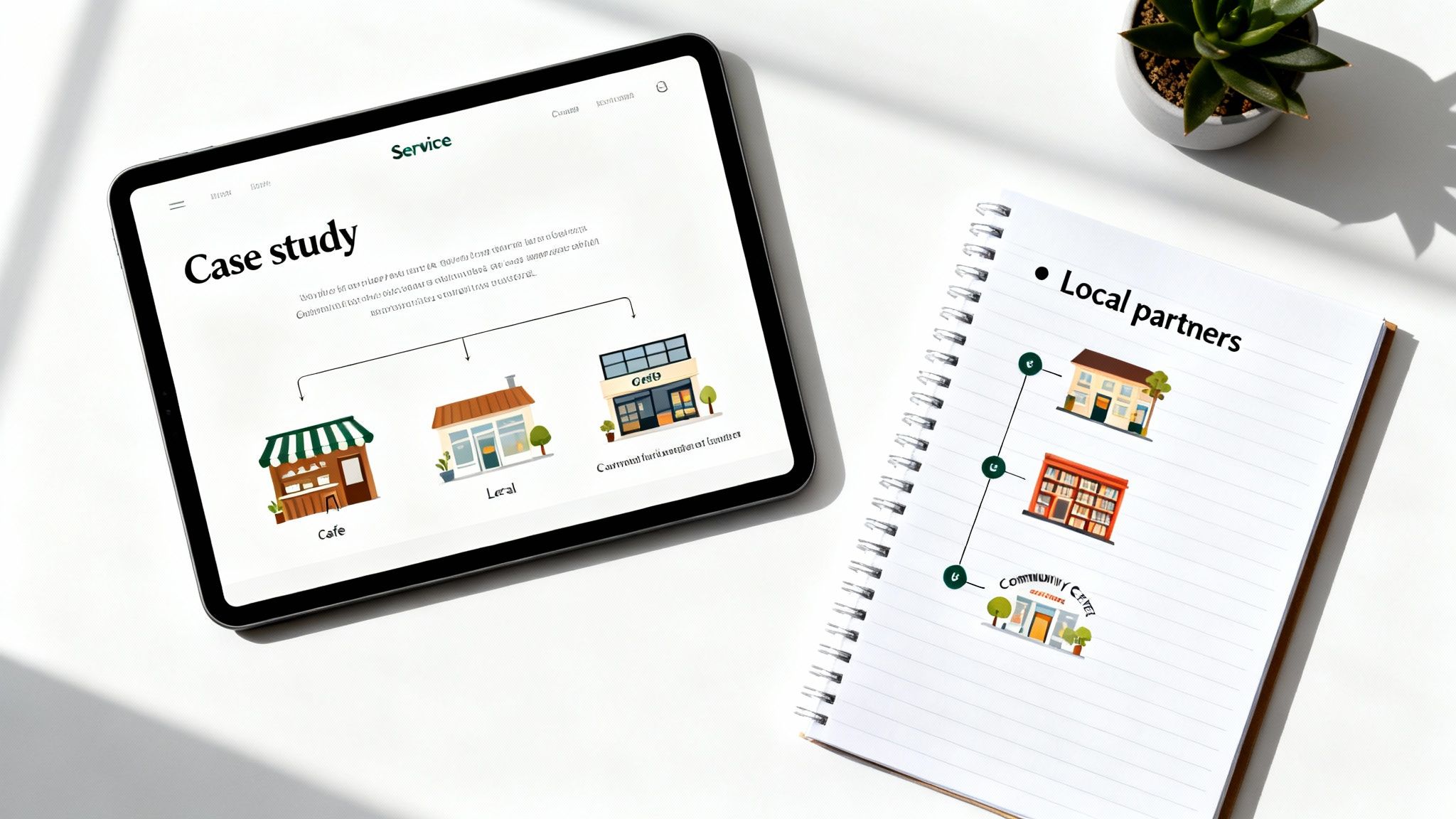 Tablet shows a 'Case study' for a cafe, local shop, and community center, beside a notebook about 'Local partners'.