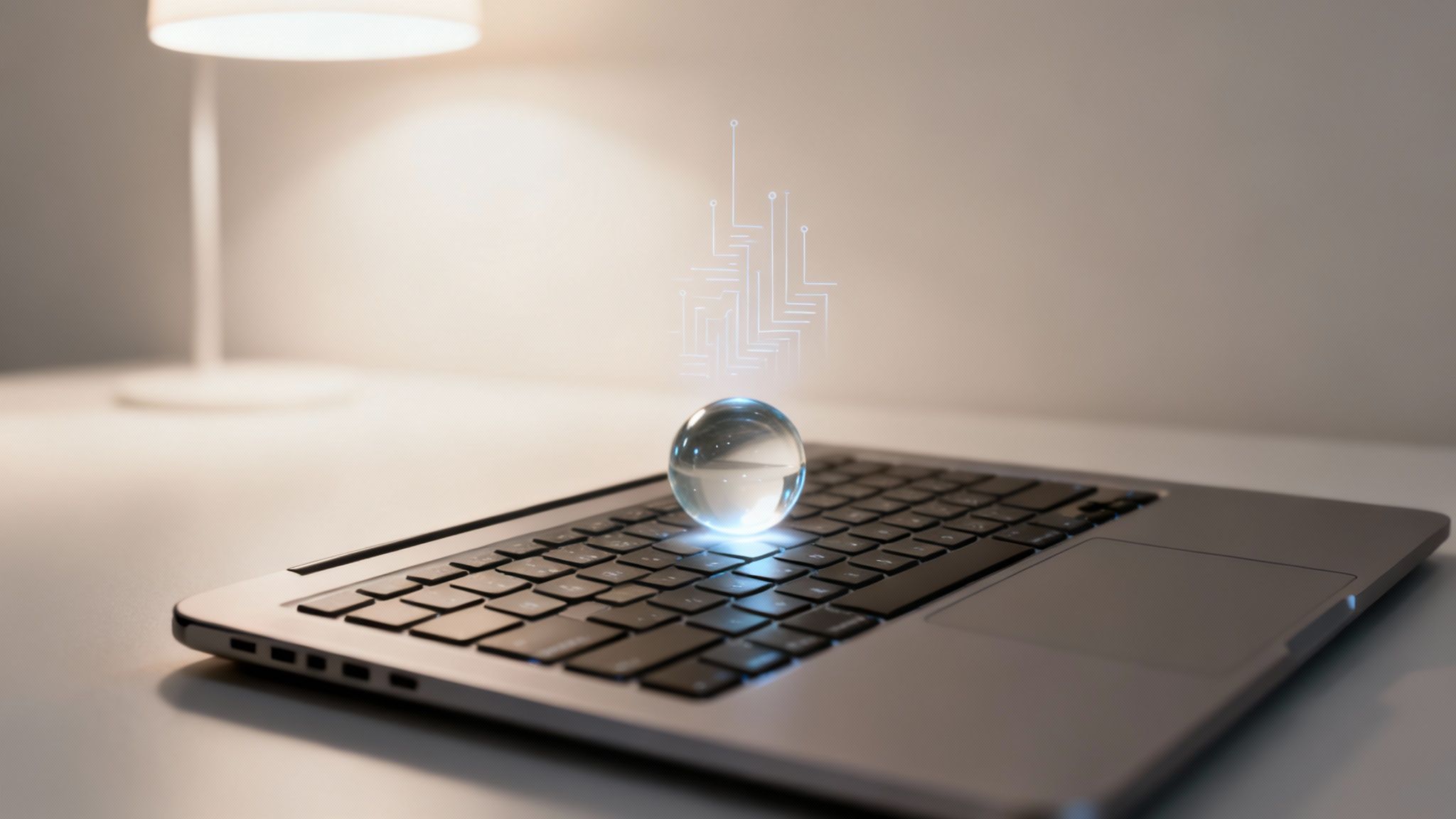 A glowing crystal ball with digital circuits on a laptop keyboard, symbolizing future tech.