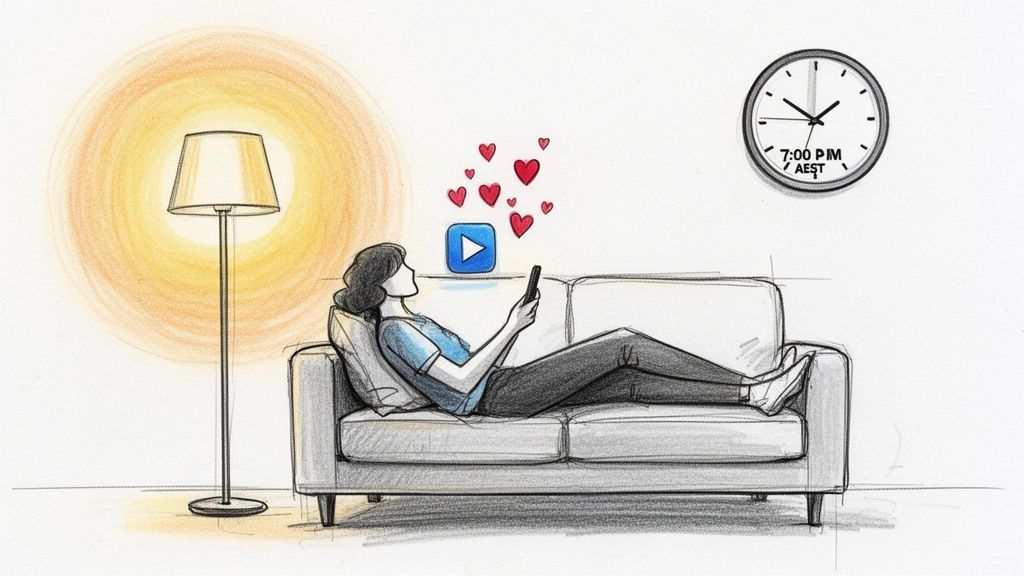 A woman relaxes on a couch, looking at her phone with hearts and a play icon. A lamp and a clock show 7 PM.