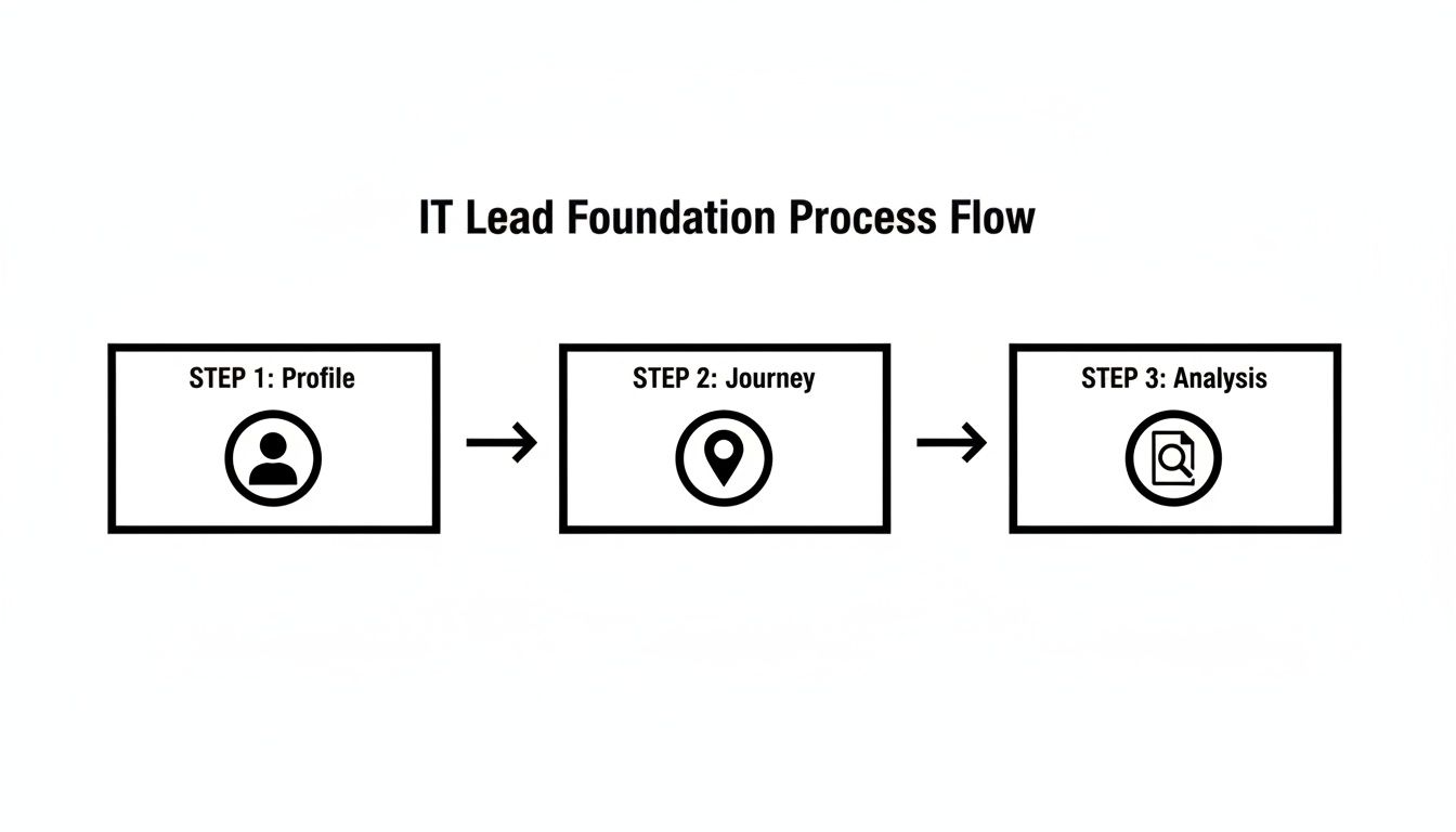 A three-step IT lead foundation process flow diagram illustrating profile, journey, and analysis stages.