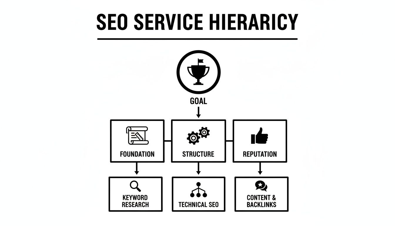 A diagram showing the SEO service hierarchy, starting with Goal, then Foundation, Structure, Reputation, and specific tasks.