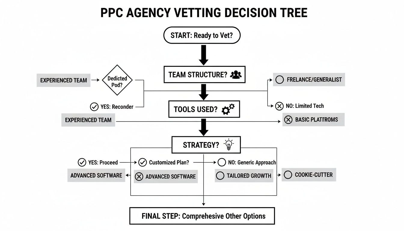 A flowchart decision tree outlining steps for vetting PPC marketing agencies based on team, tools, and strategy.