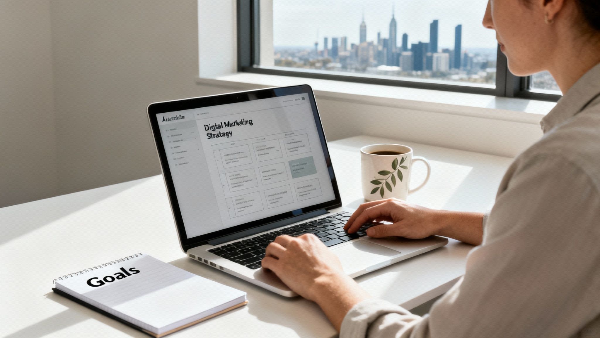 A person works on a laptop showing a digital marketing strategy template, with a 'Goals' notebook and coffee.