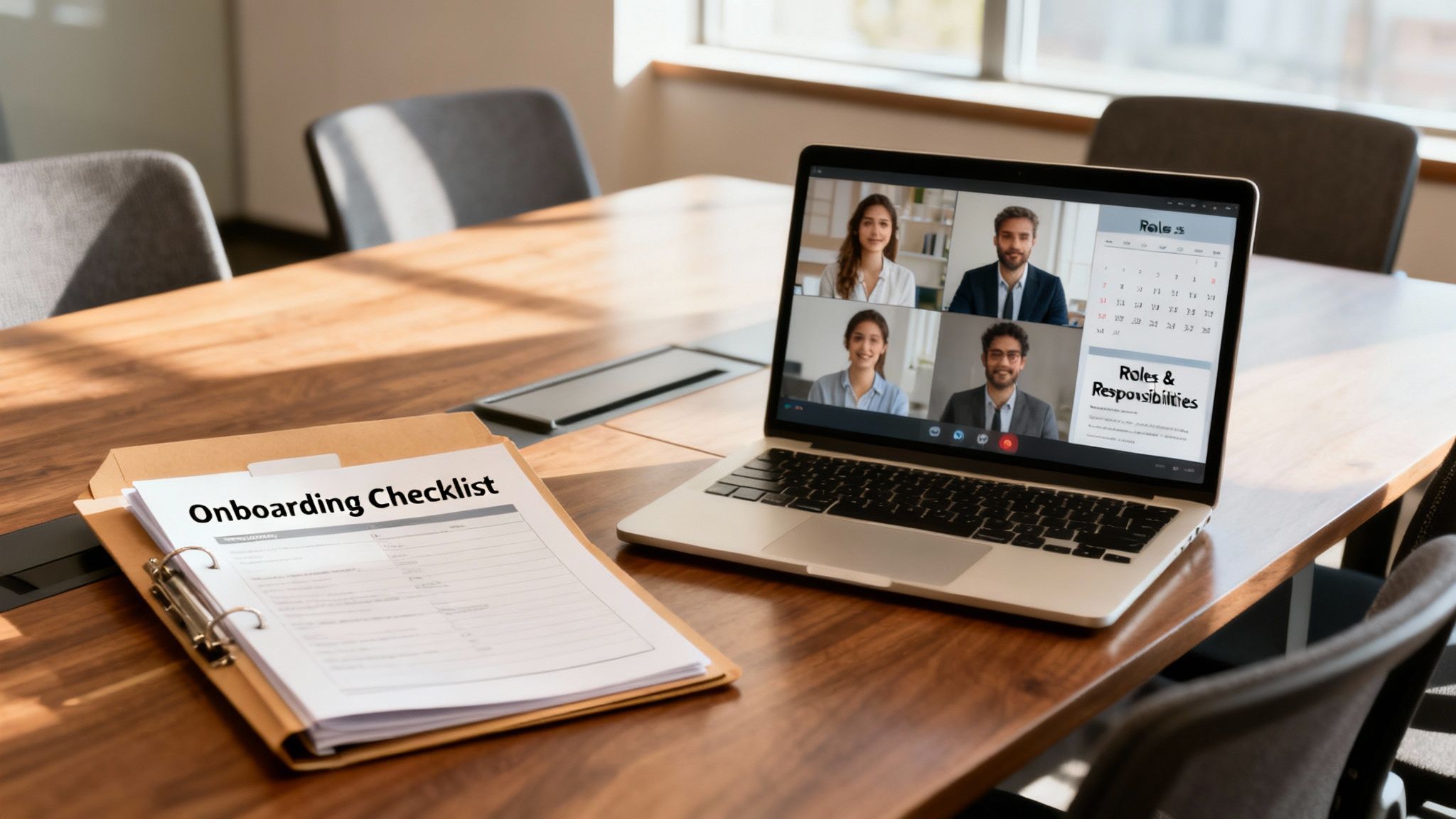 Modern office table with a laptop showing a video conference and an 'Onboarding Checklist'.