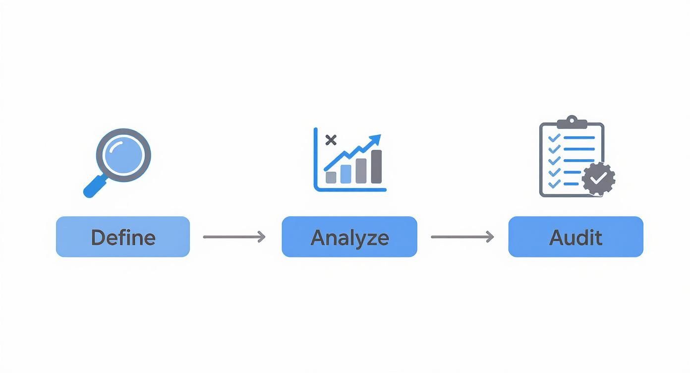 A three-step business process diagram showing Define (magnifying glass), Analyze (growth chart), and Audit (checklist) with arrows.