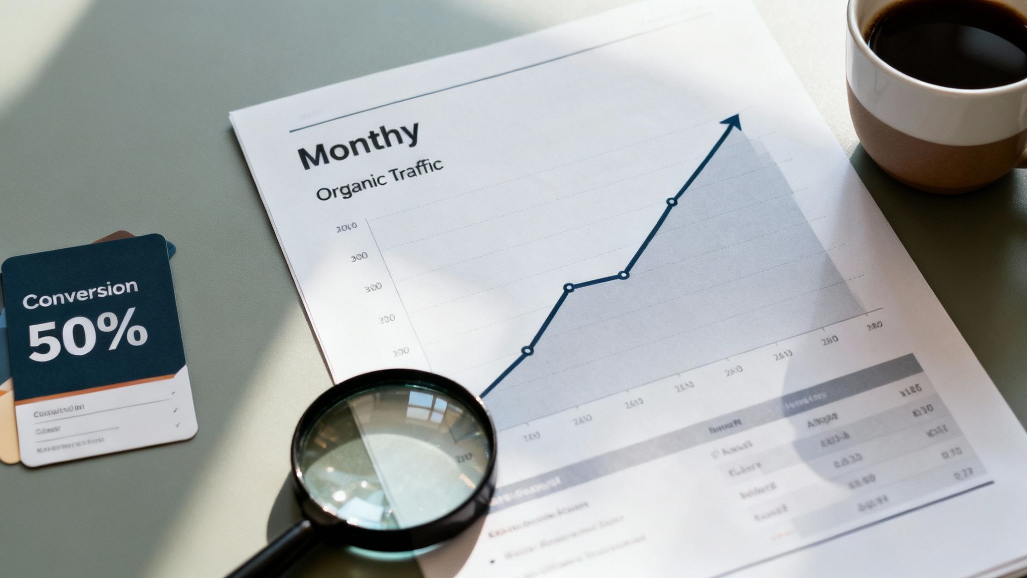 A 'Monthly Organic Traffic' report showing growth, a 'Conversion 50%' card, magnifying glass, and coffee.